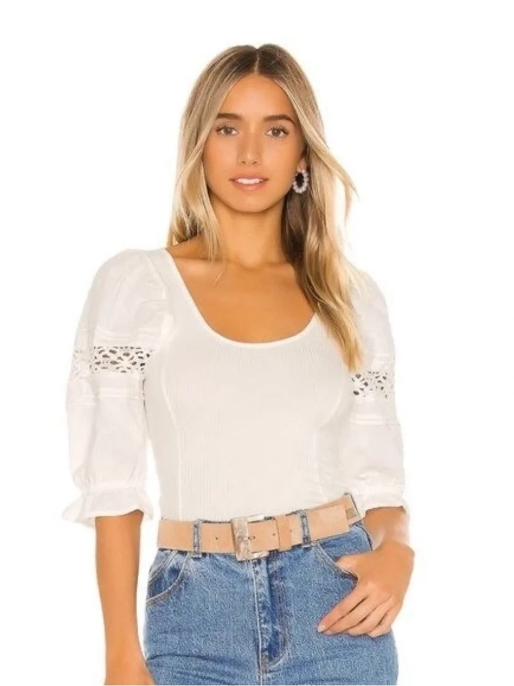 Free People White Puff Sleeve Crochet Inset Top